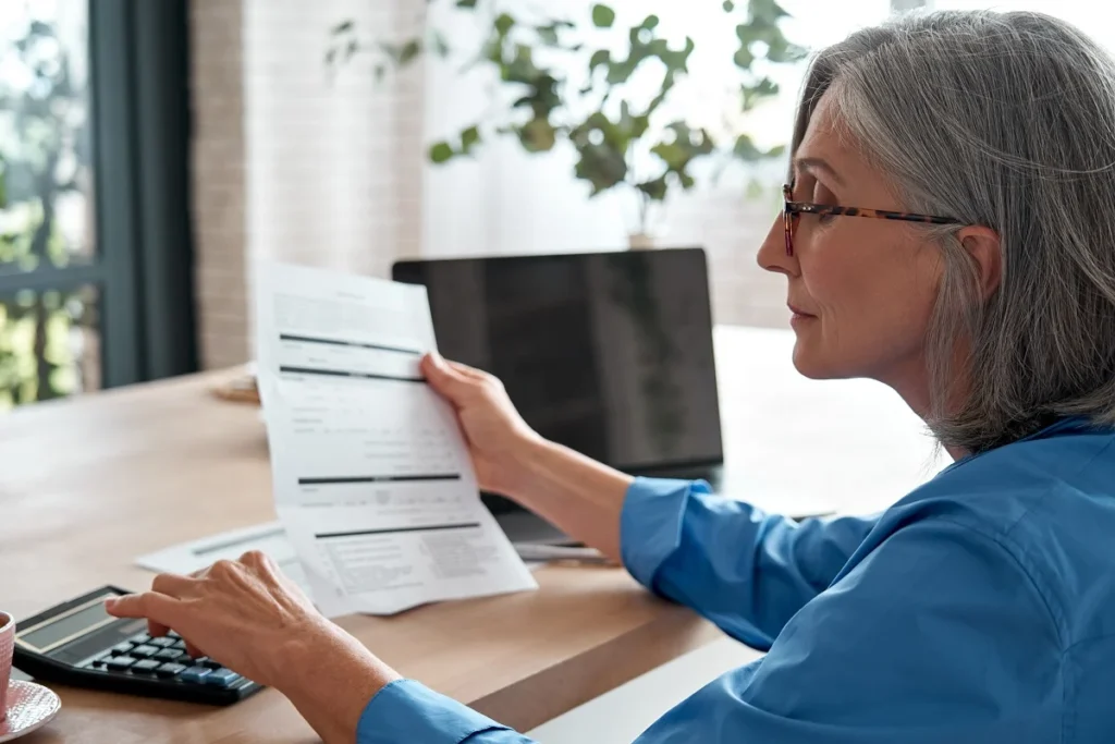 Mature woman holding paper bill using calculator managing finances at home.