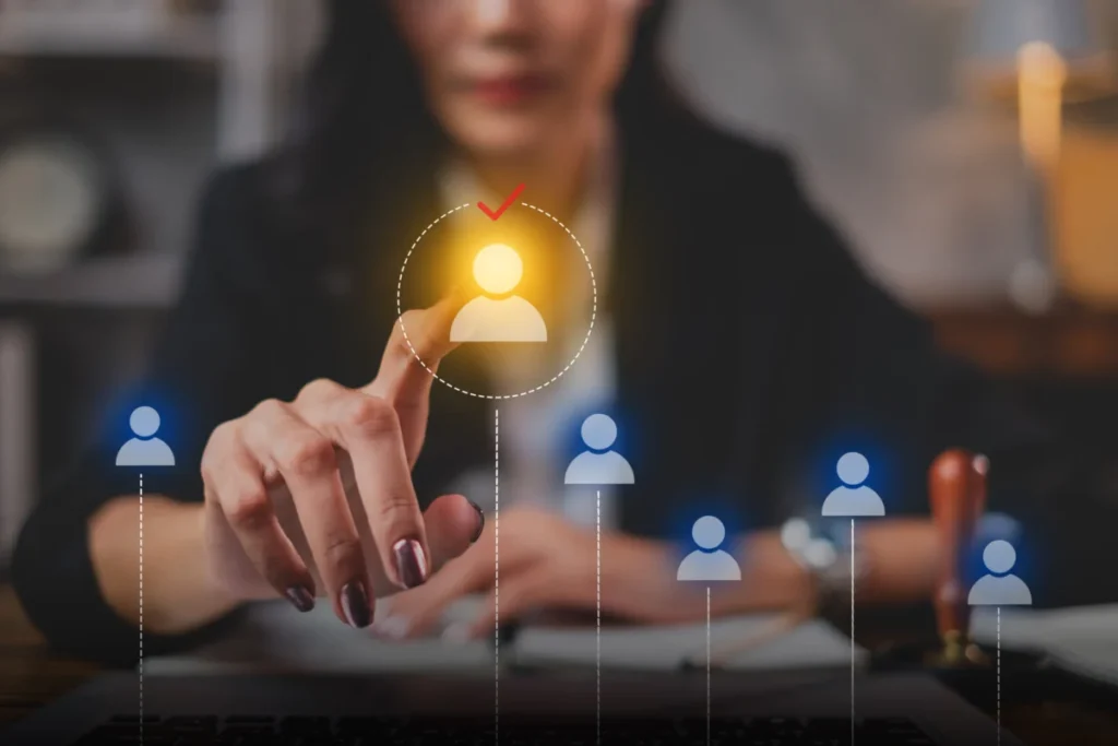 A Businesswoman or Human resources HR is searching for a right person for a job position. Concept of hiring, selection, interview, recruitment, soft skill and hard skill. Company employee match.