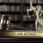 Class Action: Judge's Gavel as a symbol of legal system, Themis and wooden stand with text word