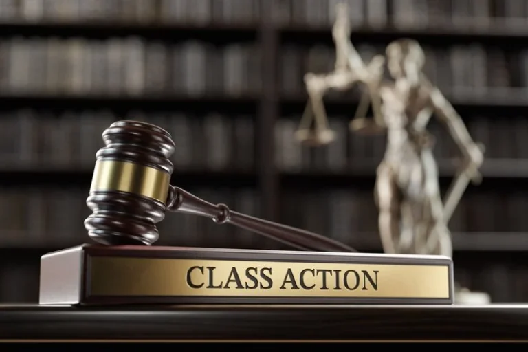 Class Action: Judge's Gavel as a symbol of legal system, Themis and wooden stand with text word