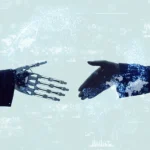 Shaking hands of a businessperson and a robot.