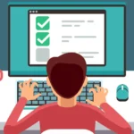 Man at computer filling online questionnaire form. Survey vector flat concept