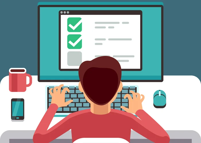 Man at computer filling online questionnaire form. Survey vector flat concept