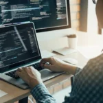 Asian man working development of programming and encryption technology website design programmers on desk in office.