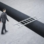 Businessman,Overcoming,Gap,With,Ladder.,Career,Development,And,Risk,Concept.