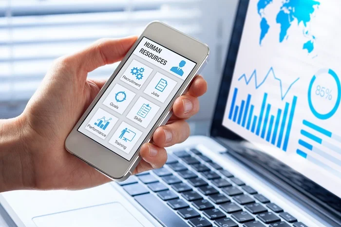 Human resources (HR) management app concept on mobile phone scre