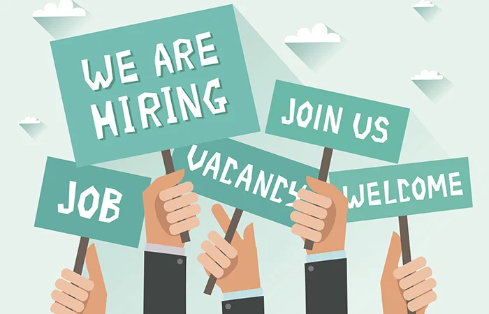 Men hands holding signs with Vacancy, Job, We are hiring