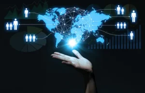 global business concept. human hand and world map.