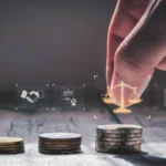 A hand stacking coins beside justice scale icons, symbolizing financial growth, investment fairness, and legal business decisions in a professional setting.