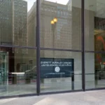 The Everett McKinley Dirksen United States Courthouse sign is shown in Chicago, Illinois, USA.
