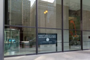 The Everett McKinley Dirksen United States Courthouse sign is shown in Chicago, Illinois, USA.