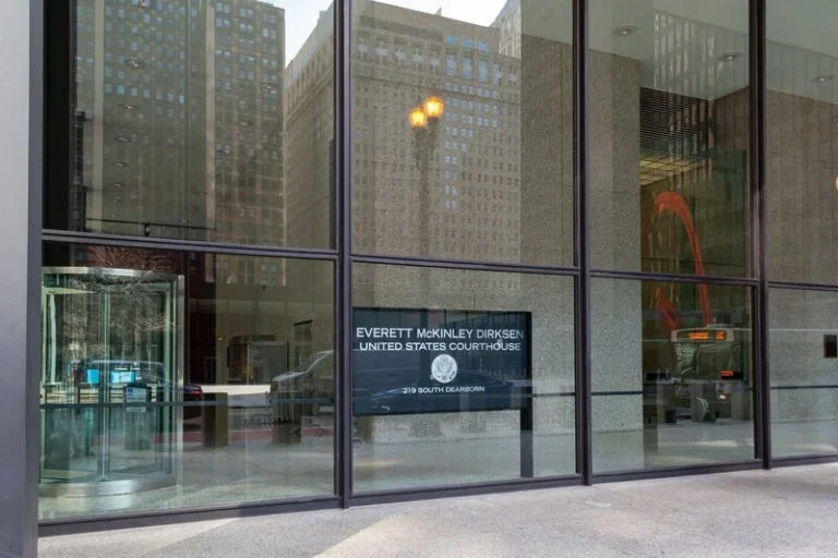 The Everett McKinley Dirksen United States Courthouse sign is shown in Chicago, Illinois, USA.